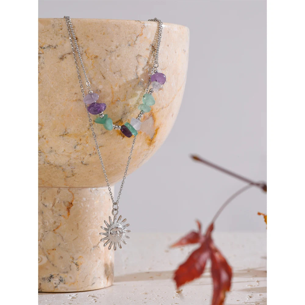 Natural Stone Double-Layer Pendant Necklace