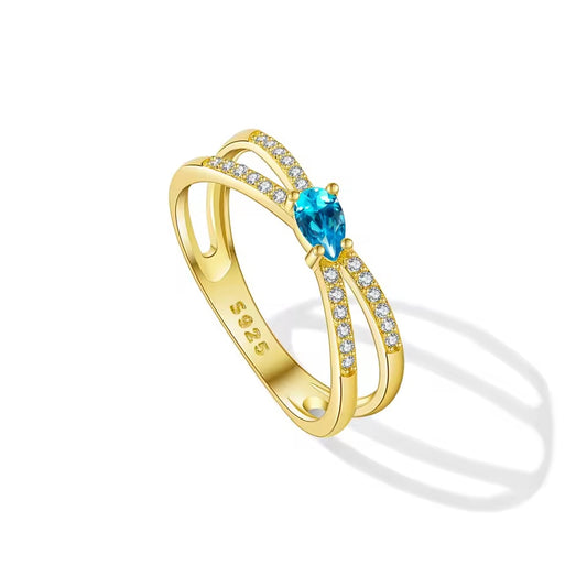 Two Line Water Drop Blue Zircon Ring