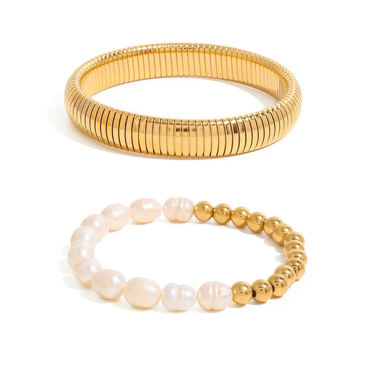 Ribbed Pearl Stacked Bracelet Set