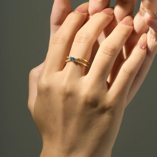 Two Line Water Drop Blue Zircon Ring